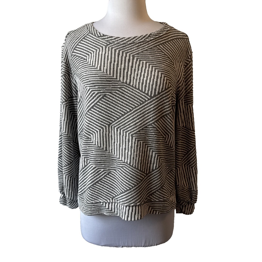 Ellen Tracy Stripe Jacquard Pullover Sweater Top XL Gray Geometric Cozy Knit Mod